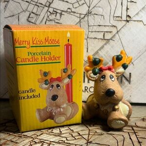 Merry Kiss Moose Christmas Candle Holder Xmas Miniature Holiday Edition Vintage